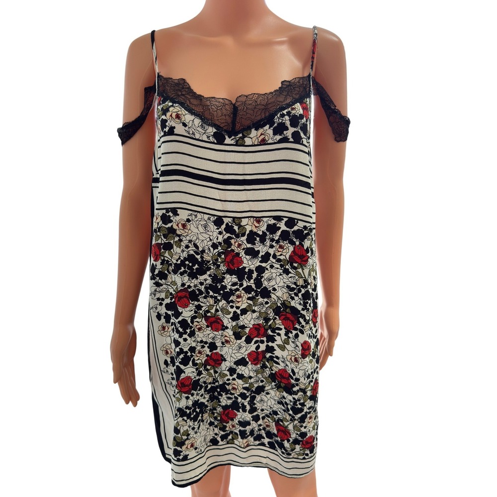 Topshop Floral Stripe Lace Trim Cami Dress US 10 Red White Black Cold Shoulder
